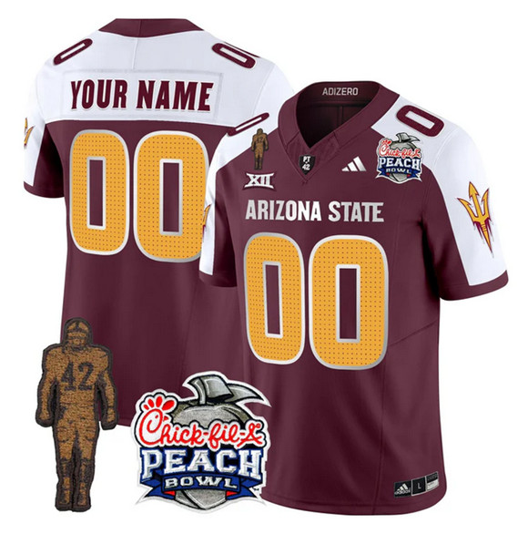 Men's Arizona State Sun Devils Active Player Custom Maroon/White 2025 F.U.S.E. Pat Tillman & Peach Bowl Patch Vapor Limited Stitched Jersey